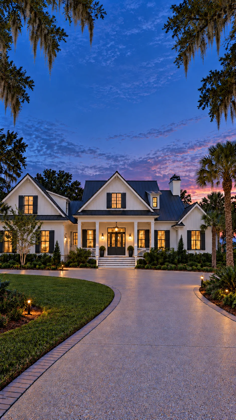 Lowcountry home at twilight before its Christmas lighting display is illuminated.